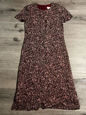 Vintage 90s Talbots Petites Burgundy Ditsy Floral Midi Dress Size 12 Cottagecore